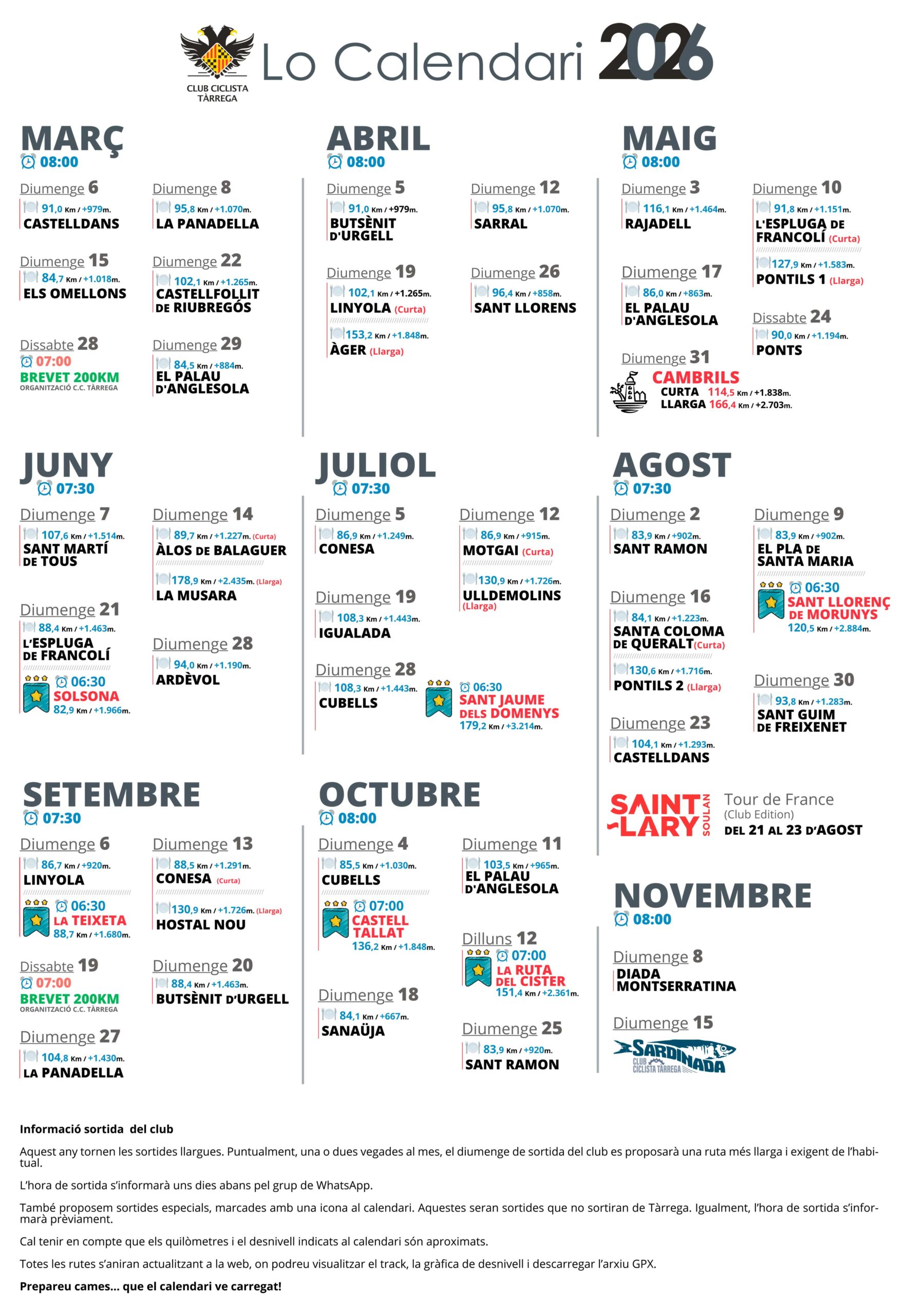 Rutes 2026 de Carretera del Club Ciclista Tàrrega